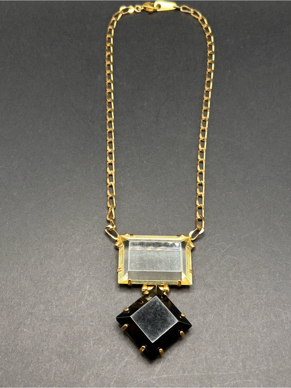 VTG Pitti Bijoux Clear and Black Lucite Pendant Gold Tone Necklace